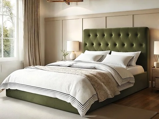 Flair Marley Buttoned Headboard Ottoman Bed Green Velvet
