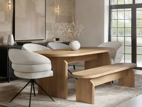 SOLACE+CO Varm Ribbed Oval Dining Table with Bench & Eira Chairs Set