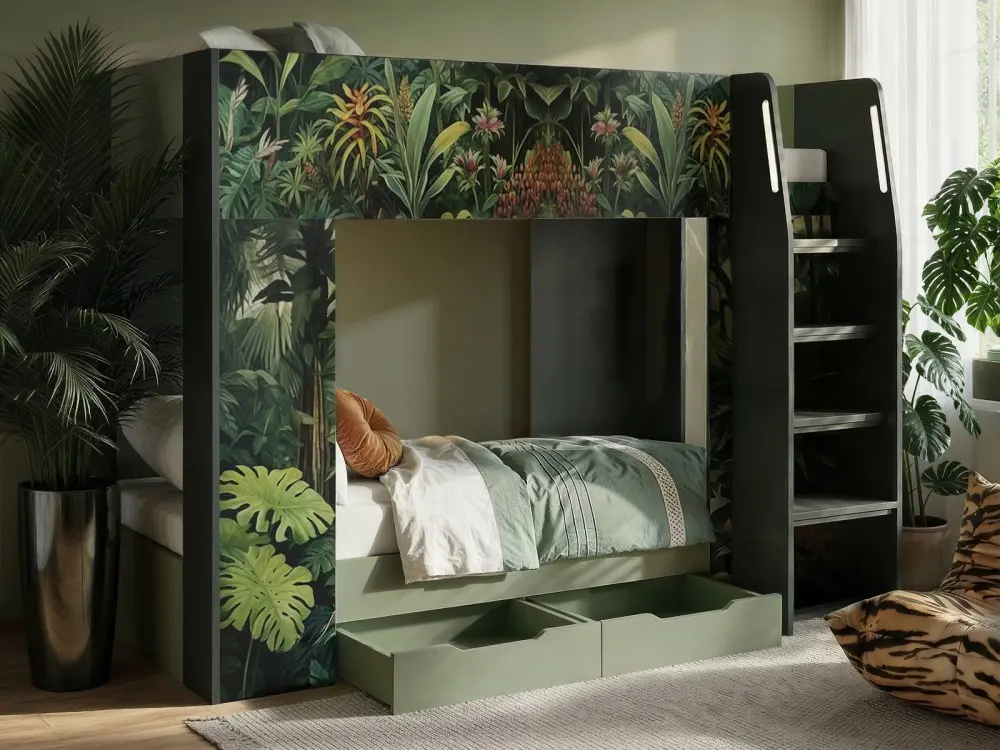 Flair Lorith Jungle Bunk Bed with storage drawers in green, featuring bold botanical printed panels and a fixed ladder. 
