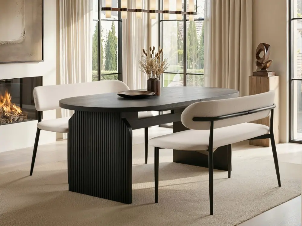 SOLACE+CO Varm black extending table with two beige Cyra chenille benches
