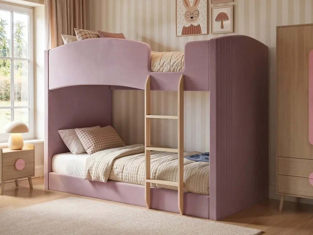 Flair Zoey Single Upholstered Bunk Bed in pink velvet with rounded panels and wooden ladder