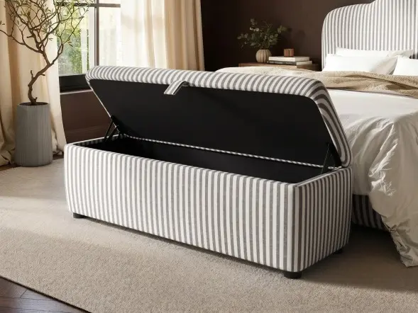 SOLACE+CO Skylynn Ottoman Blanket Box Cream Striped Woven Fabric 