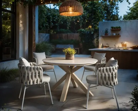 Solace+Co Florence round garden dining table with sintered stone top and four Louisa rope chairs