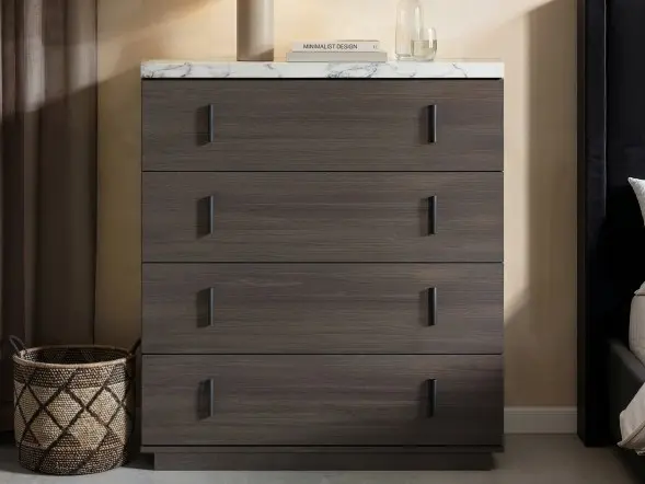 Walnut chest of drawers with marble effect top. 