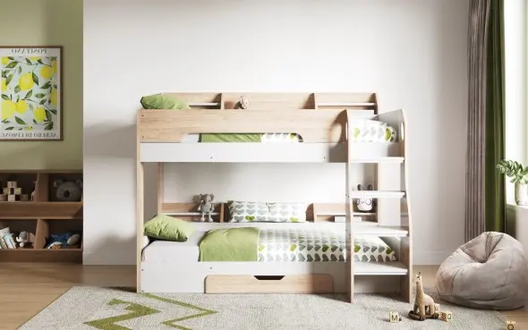 Flair Flick Bunk Bed Oak With Shelves And Drawer