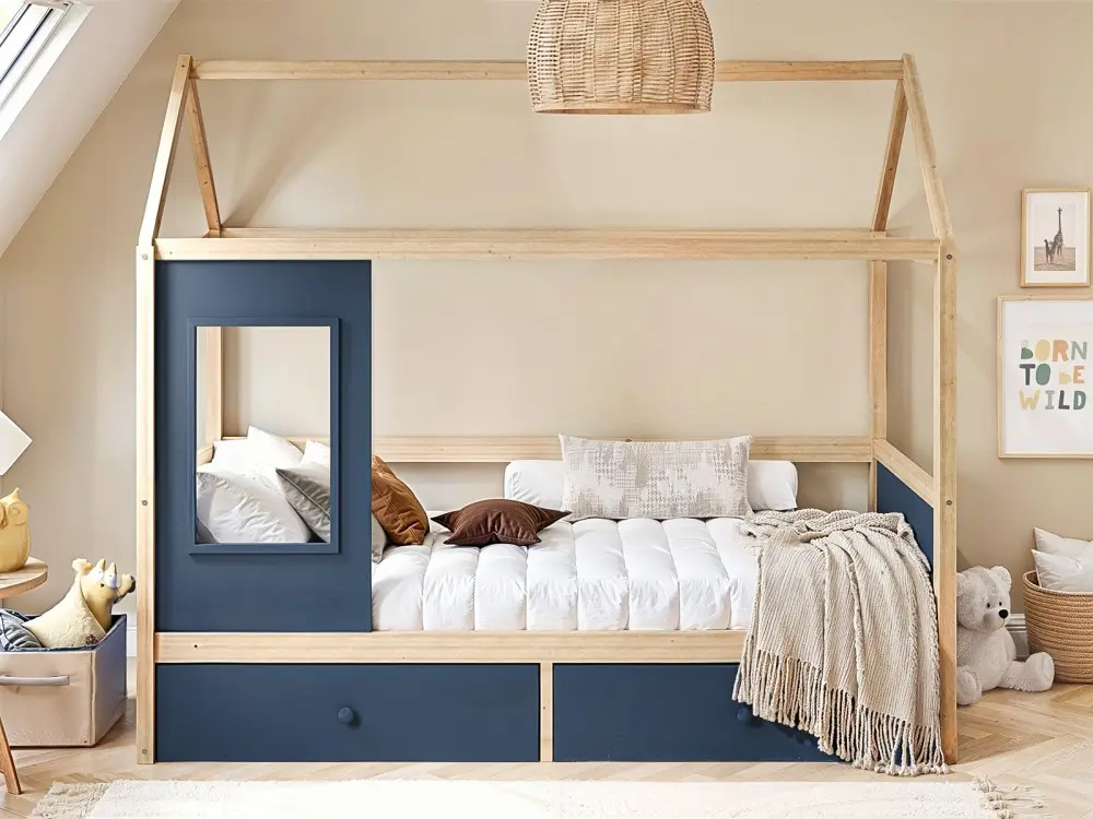Flair Ted blue single playhouse bed with storage drawers and cut-out window