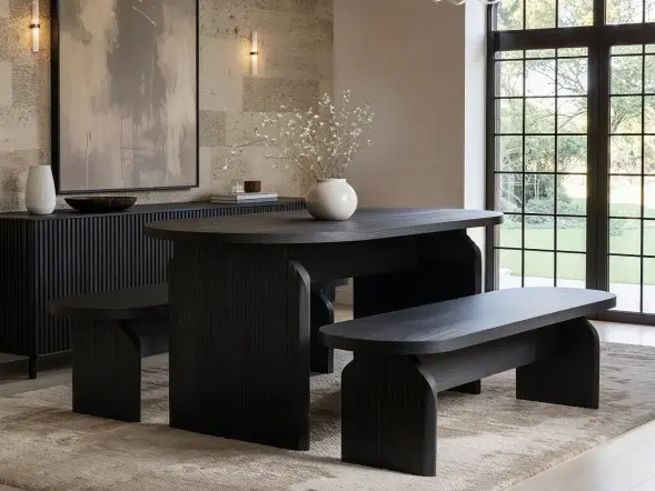 SOLACE+CO Varm Ribbed Oval Dining Table & 2 Bench Set
