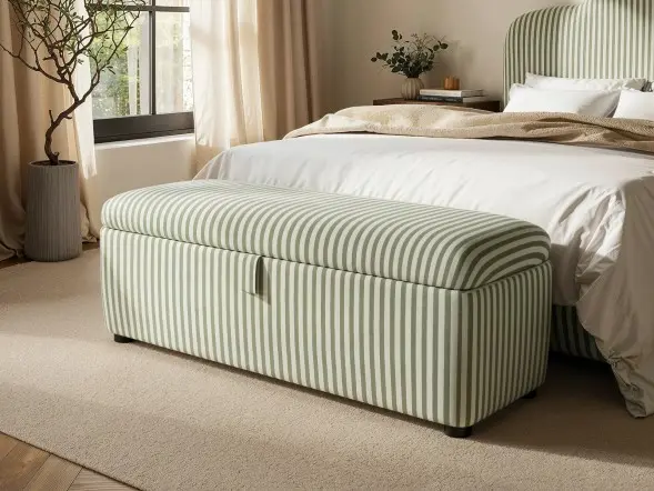 SOLACE+CO Skylynn Ottoman Blanket Box Cream Striped Woven Fabric 