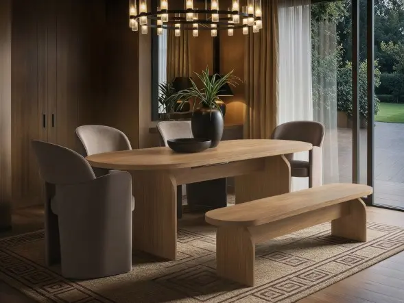 Varm oak effect extendable dining table with Estella velvet chairs and matching bench 
