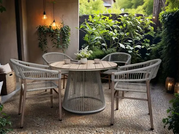 SOLACE+CO Hana Round Table & Set of 4 Lita Chairs Garden Dining Set White & Beige