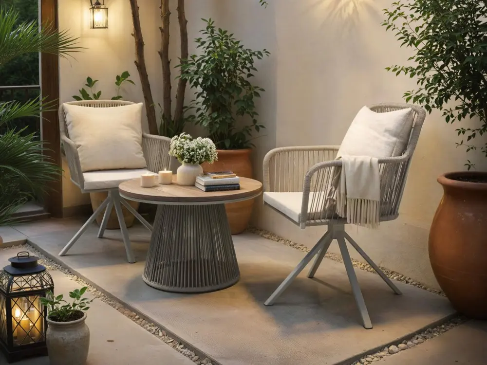 Solace+Co Hana side table with Juno swivel garden chairs