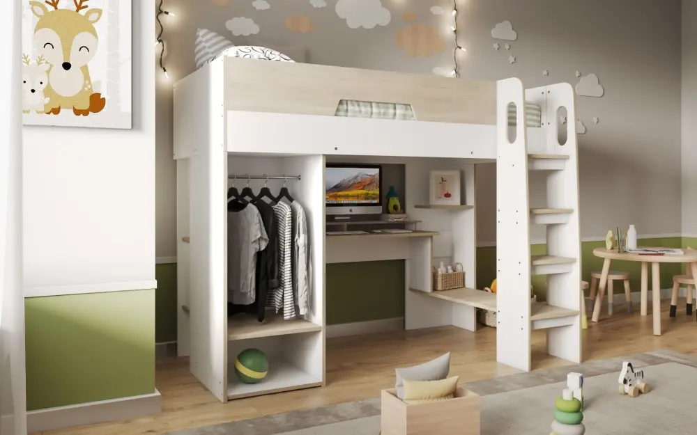 Flair Coco High Sleeper Workstation with Wardrobe in Oak And White
