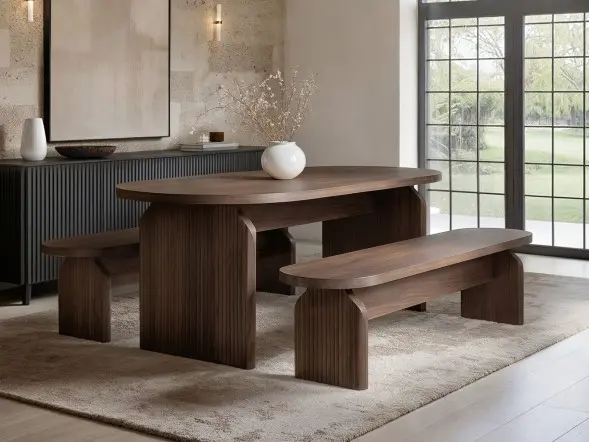 SOLACE+CO Varm Ribbed Oval Dining Table & 2 Bench Set