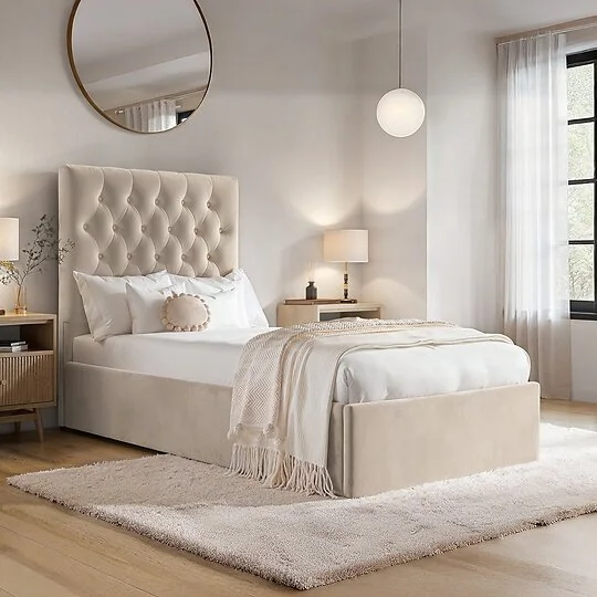 Flair Milan Single Velvet Ottoman Bed with Chesterfield-Style Headboard 