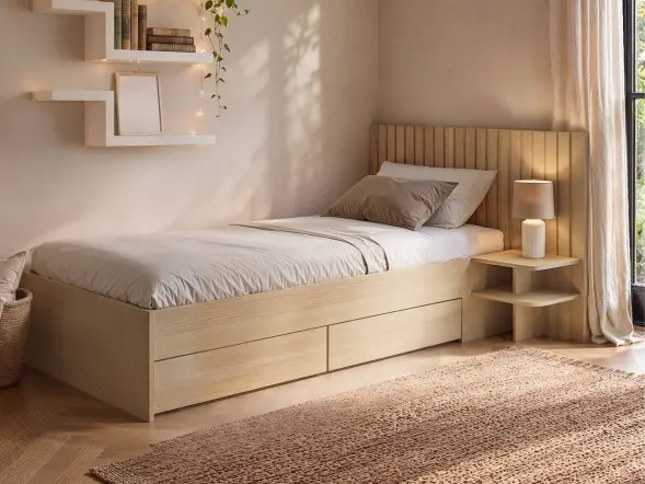 SOLACE+CO Taylor oak single bed with drawers and integrated bedside table 
