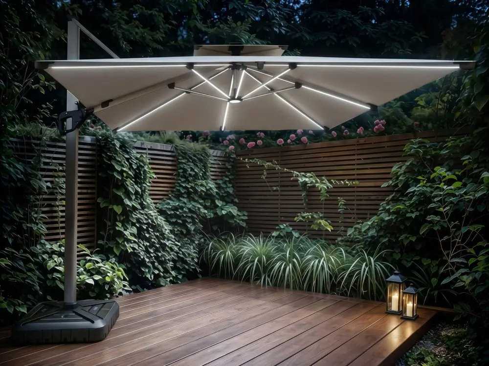 Solace+Co Soleil 3m square garden parasol in beige with cantilever design and water-filled base