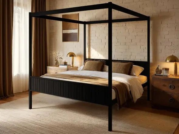 Flair Maddy solid pine 4 poster double bed with slatted panels in a modern bedroom setting 
