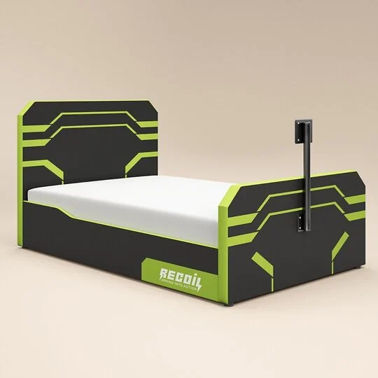 Recoil Alister side lift TV ottoman gaming bed in black and green in a gaming bedroom