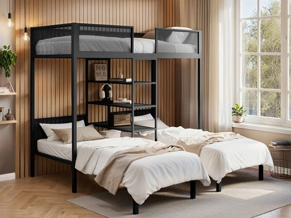 Flair Axton black metal triple bunk bed with central shelves 

