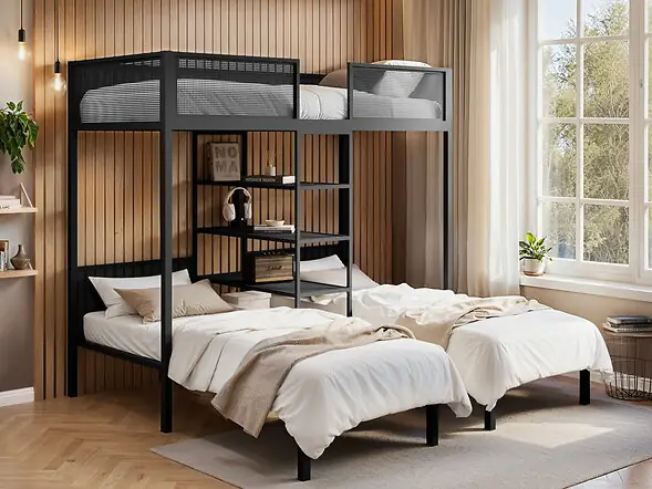 Flair Axton black metal triple bunk bed with central shelves 
