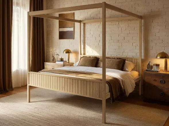Flair Maddy solid pine 4 poster double bed with slatted panels in a modern bedroom setting 
