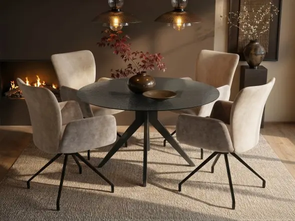 SOLACE+CO Emil Round Mottled Glass Dining Table with Kora Chairs Set of 4