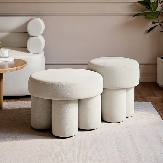 SOLACE+CO Ferro set of 2 beige Sherpa pouffe stools