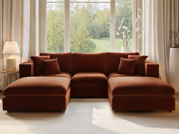 SOLACE+CO Asher U Shape Corner Sofa Bundle Burnt Orange Chenille
