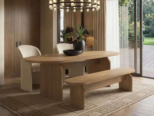 Varm oak effect extendable dining table with Estella velvet chairs and matching bench 
