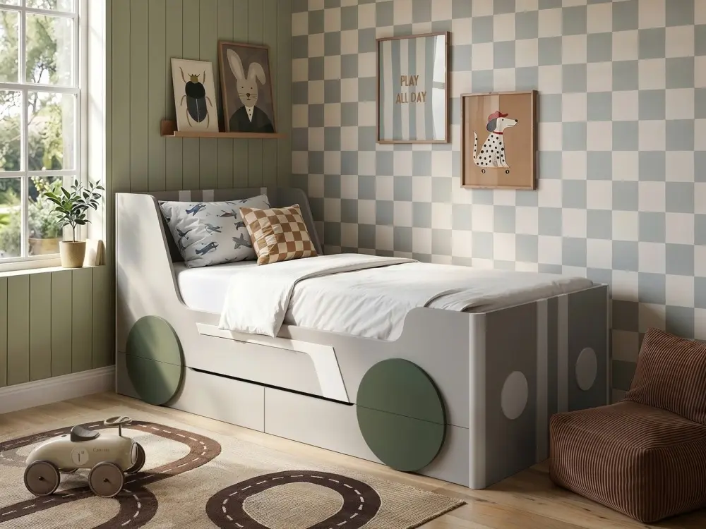 Cooper single car bed with drawers and green wheel detail
