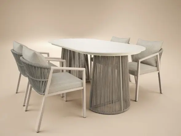 Solace+Co Hana oval garden dining table with Lynden beige rattan chairs and cushions