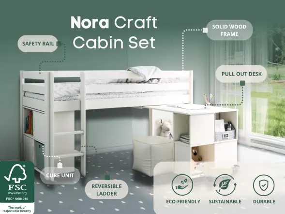 Noomi Nora Craft white mid sleeper with desk and storage in a child’s bedroom 
