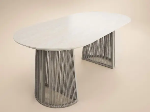 Solace+Co Hana oval garden dining table with Lynden beige rattan chairs and cushions