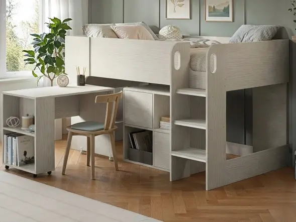 Flair Leo Mid Sleeper with Desk & Storage White Oak