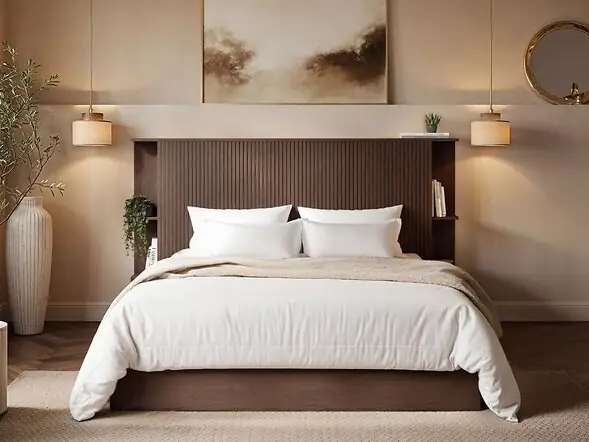 SOLACE+CO Zora Ottoman Hotel Bed with Headboard Shelves
