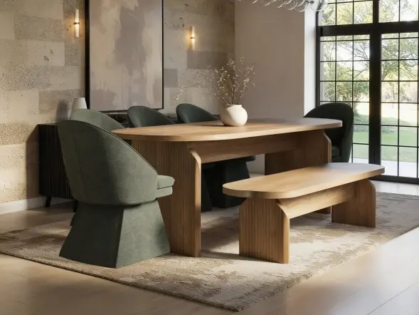 SOLACE+CO Varm Oak Extendable Table with Bench & Aiko Chairs Dining Set