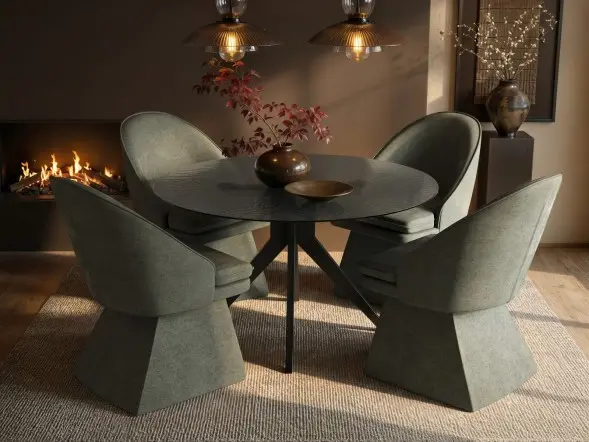 SOLACE+CO Emil Round Mottled Glass Dining Table with Aiko Chairs Set of 4