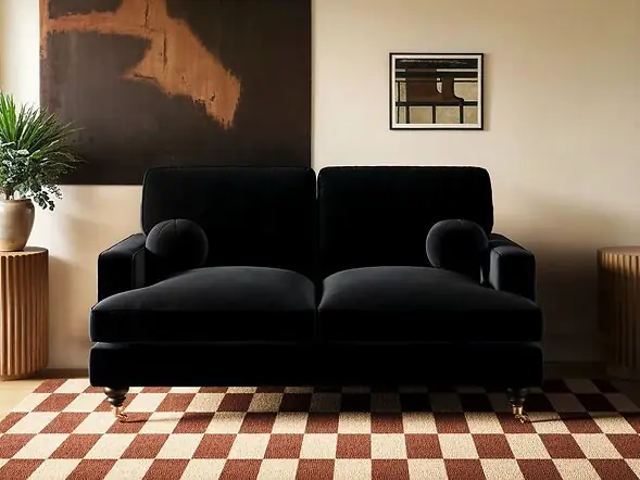 SOLACE+CO Addison 2 Seater Sofa with Caster Legs Black Velvet