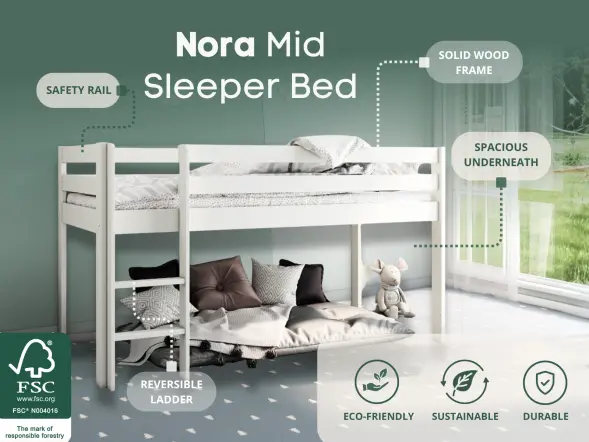 FSC-certified solid pine mid sleeper bed with underbed space and fixed ladder 