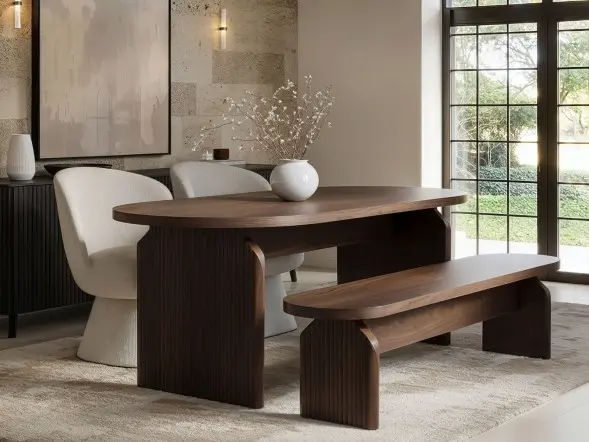 SOLACE+CO Varm Ribbed Oval Dining Table with Bench & Aiko Chairs Set