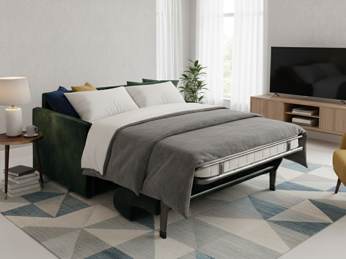 green sofa bed unfolded in living area